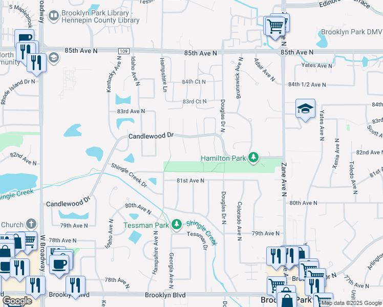map of restaurants, bars, coffee shops, grocery stores, and more near 8140 Georgia Court North in Minneapolis