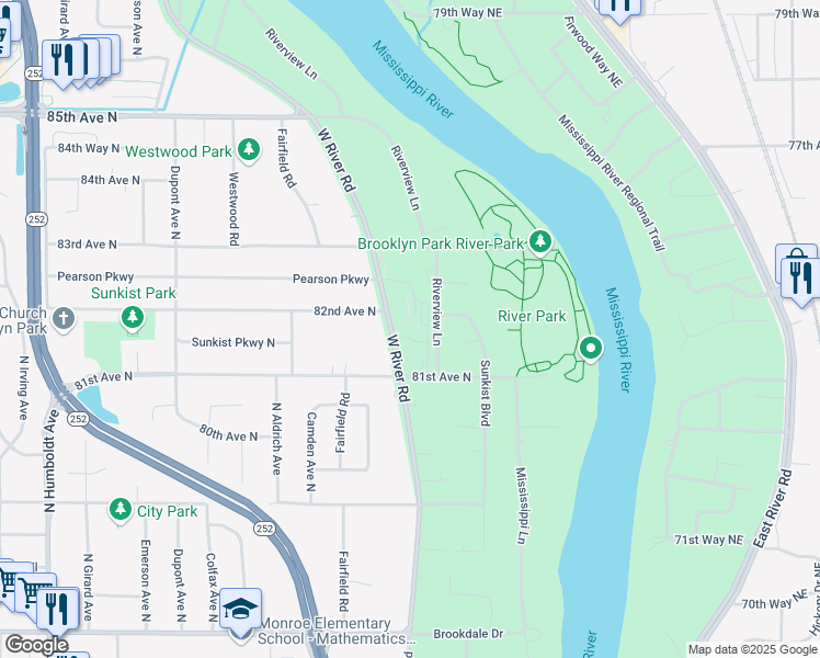 map of restaurants, bars, coffee shops, grocery stores, and more near 8221 Riverview Lane in Brooklyn Park