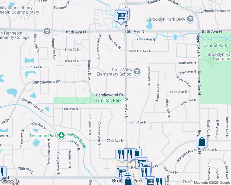 map of restaurants, bars, coffee shops, grocery stores, and more near 8212 Brunswick Avenue North in Minneapolis