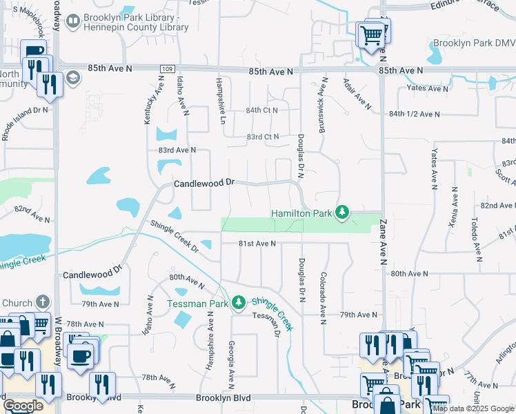 map of restaurants, bars, coffee shops, grocery stores, and more near 8140 Georgia Court North in Minneapolis