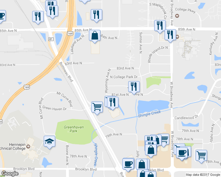 map of restaurants, bars, coffee shops, grocery stores, and more near 8117 82nd Ave N in Brooklyn Park