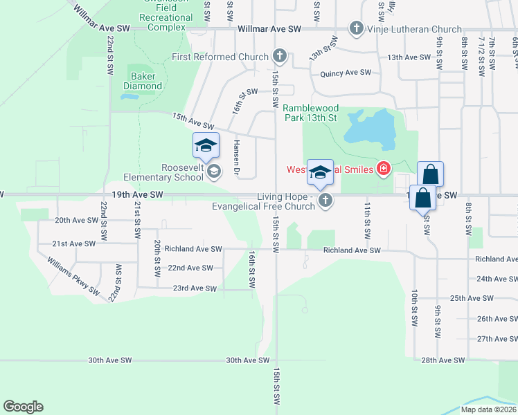 map of restaurants, bars, coffee shops, grocery stores, and more near 1501 19th Avenue Southwest in Willmar