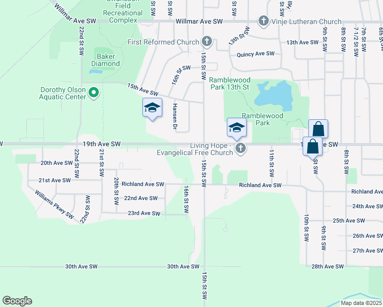 map of restaurants, bars, coffee shops, grocery stores, and more near 1501 19th Avenue Southwest in Willmar