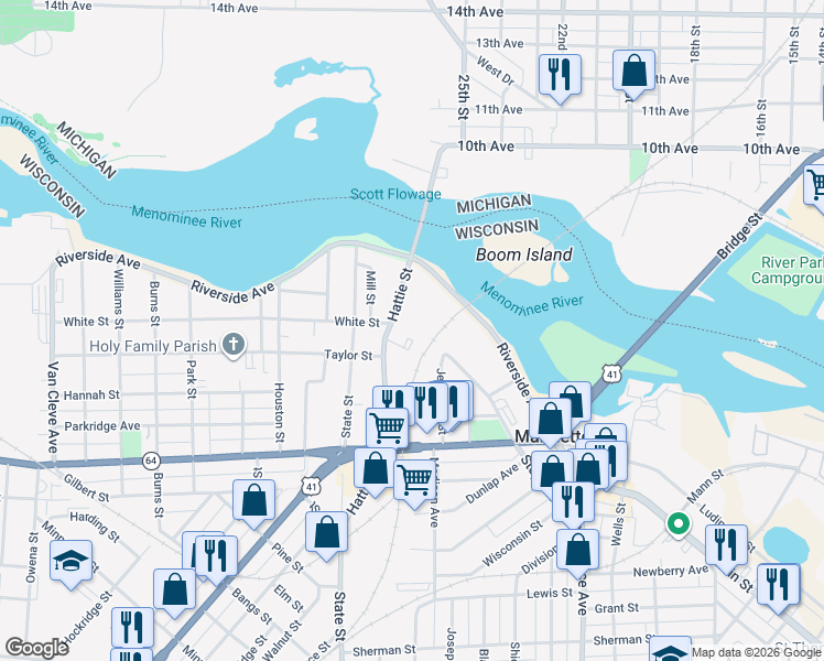 map of restaurants, bars, coffee shops, grocery stores, and more near 146 Hattie Street in Marinette