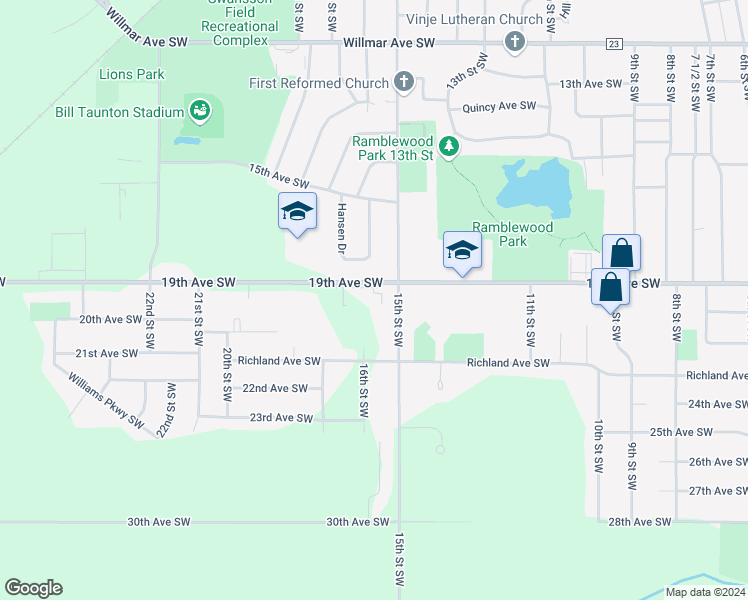 map of restaurants, bars, coffee shops, grocery stores, and more near 1501 19th Avenue Southwest in Willmar