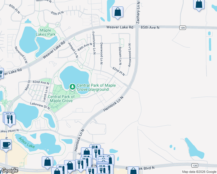 map of restaurants, bars, coffee shops, grocery stores, and more near 8168 Central Park Way in Maple Grove