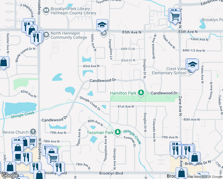map of restaurants, bars, coffee shops, grocery stores, and more near 8140 Hampshire Court North in Minneapolis