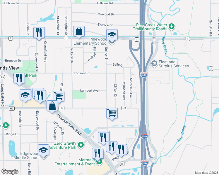 map of restaurants, bars, coffee shops, grocery stores, and more near 5364 Quincy Street in Mounds View