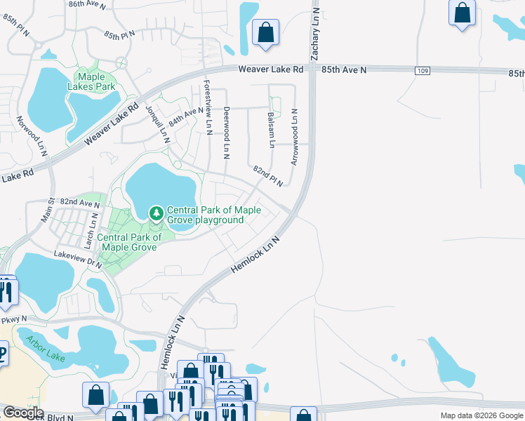 map of restaurants, bars, coffee shops, grocery stores, and more near 8168 Central Park Way in Maple Grove