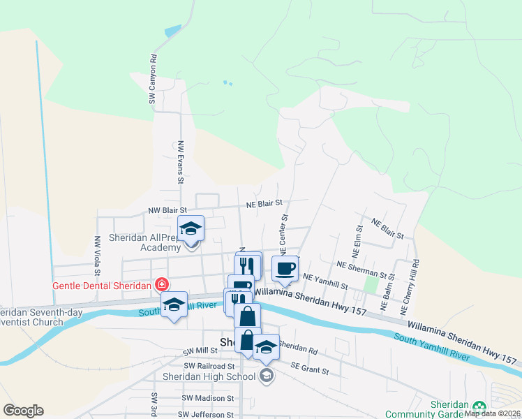 map of restaurants, bars, coffee shops, grocery stores, and more near 402 Northeast Faulconer Street in Sheridan