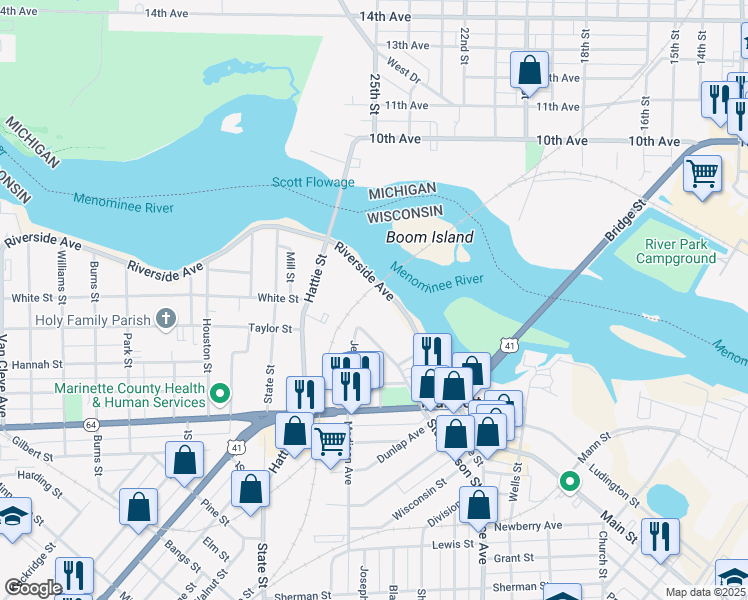 map of restaurants, bars, coffee shops, grocery stores, and more near 2101 Riverside Avenue in Marinette