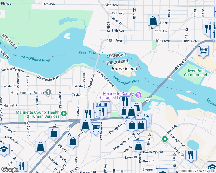 map of restaurants, bars, coffee shops, grocery stores, and more near 2101-2141 Riverside Avenue in Marinette
