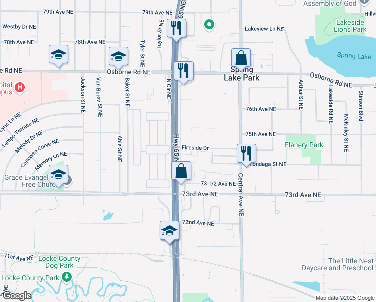 map of restaurants, bars, coffee shops, grocery stores, and more near 7401-7429 Viron Road Northeast in Fridley