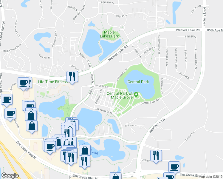 map of restaurants, bars, coffee shops, grocery stores, and more near 12250 82nd Avenue North in Maple Grove