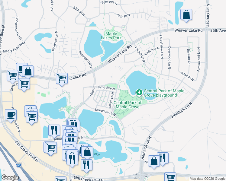 map of restaurants, bars, coffee shops, grocery stores, and more near 12250 82nd Avenue North in Maple Grove