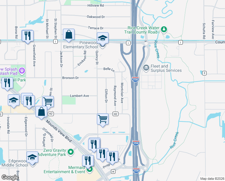 map of restaurants, bars, coffee shops, grocery stores, and more near 5372 Clifton Drive in Mounds View