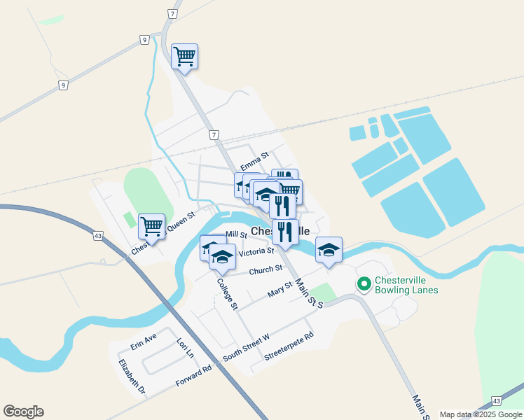 map of restaurants, bars, coffee shops, grocery stores, and more near 18 Queen Street East in Chesterville