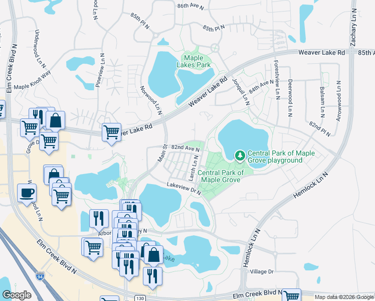 map of restaurants, bars, coffee shops, grocery stores, and more near 12303 82nd Avenue North in Maple Grove
