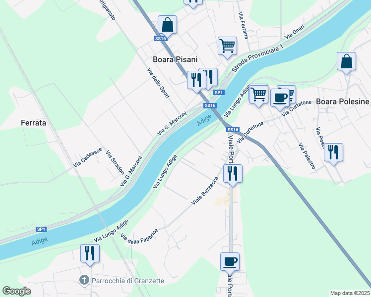 map of restaurants, bars, coffee shops, grocery stores, and more near 41 Via Lungo Adige in Rovigo