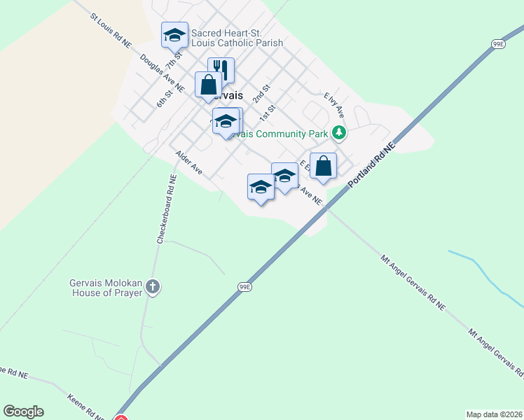 map of restaurants, bars, coffee shops, grocery stores, and more near 300 Douglas Avenue Northeast in Gervais