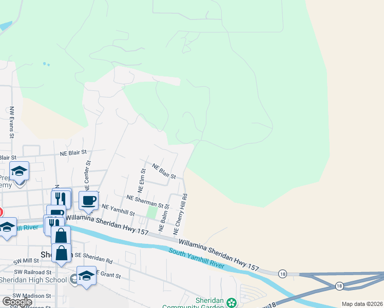 map of restaurants, bars, coffee shops, grocery stores, and more near 19350 Northeast Cherry Hill Road in Sheridan