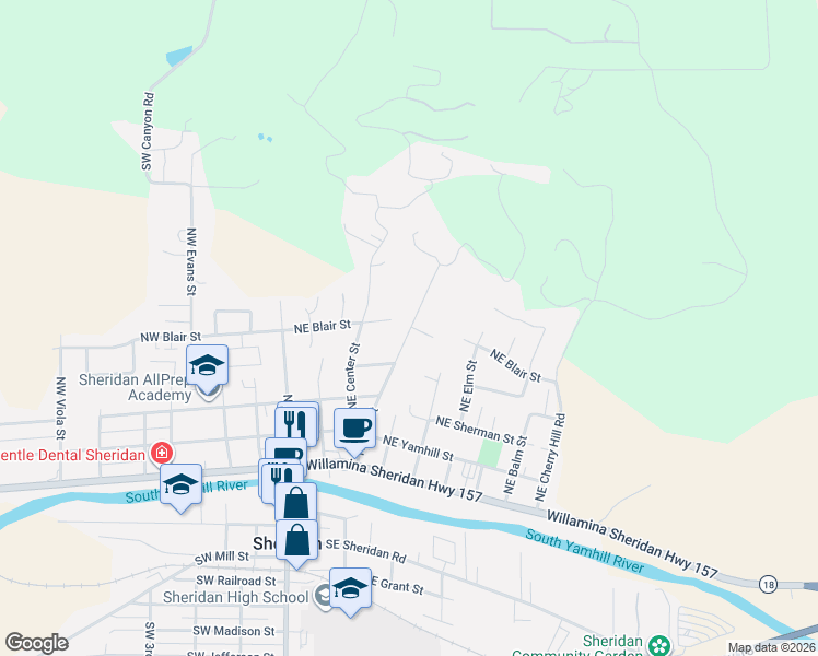 map of restaurants, bars, coffee shops, grocery stores, and more near 515 Northeast Hill Street in Sheridan