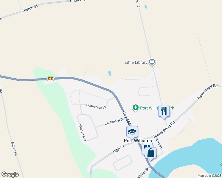 map of restaurants, bars, coffee shops, grocery stores, and more near 1158 Nova Scotia 358 in Port Williams