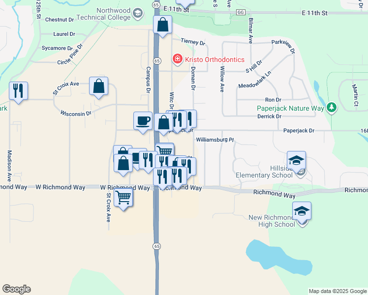 map of restaurants, bars, coffee shops, grocery stores, and more near 233 Croft Street in New Richmond