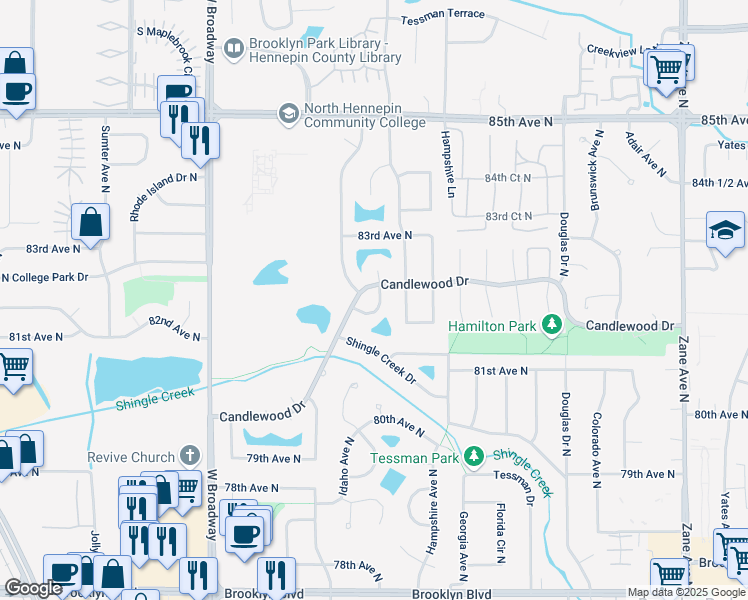 map of restaurants, bars, coffee shops, grocery stores, and more near 7009 Candlewood Circle in Minneapolis