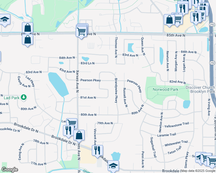 map of restaurants, bars, coffee shops, grocery stores, and more near 8130 Vincent Avenue North in Minneapolis