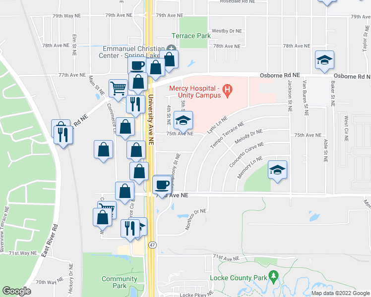 map of restaurants, bars, coffee shops, grocery stores, and more near 415 74th Avenue Northeast in Minneapolis