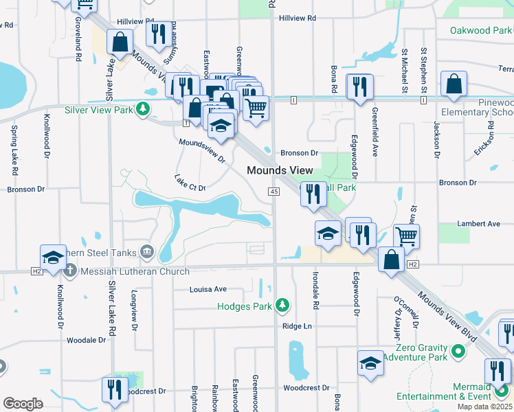 map of restaurants, bars, coffee shops, grocery stores, and more near 2550 Moundsview Drive in Mounds View