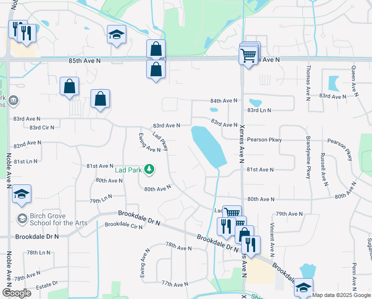 map of restaurants, bars, coffee shops, grocery stores, and more near 8180 Zenith Court North in Minneapolis