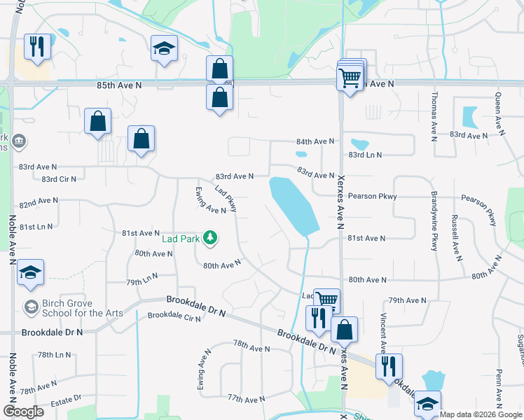 map of restaurants, bars, coffee shops, grocery stores, and more near 8180 Zenith Court North in Minneapolis