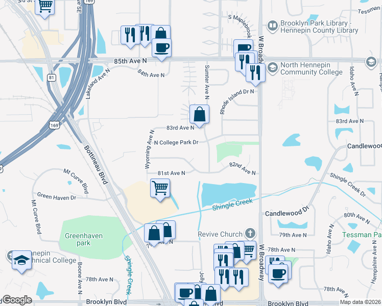 map of restaurants, bars, coffee shops, grocery stores, and more near 8209 Utah Court North in Minneapolis