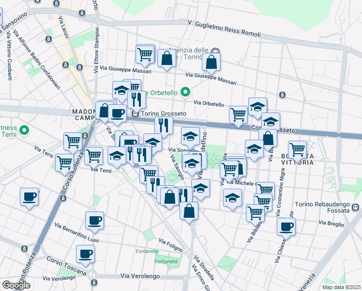 map of restaurants, bars, coffee shops, grocery stores, and more near 47 Via Sospello in Torino