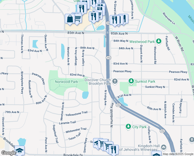 map of restaurants, bars, coffee shops, grocery stores, and more near 8186 James Avenue North in Minneapolis