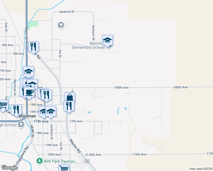 map of restaurants, bars, coffee shops, grocery stores, and more near 301 13th Avenue in Bloomer