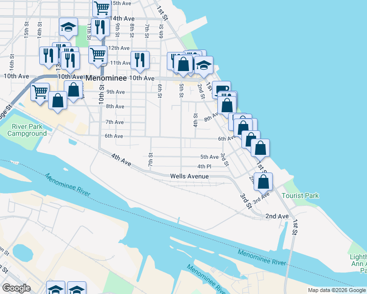 map of restaurants, bars, coffee shops, grocery stores, and more near 510 5th Street in Menominee