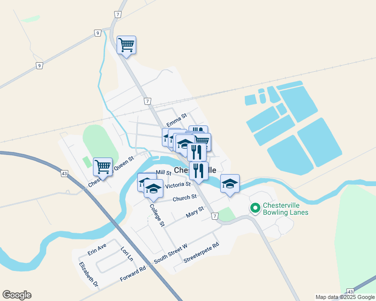 map of restaurants, bars, coffee shops, grocery stores, and more near 18 Queen Street East in Chesterville