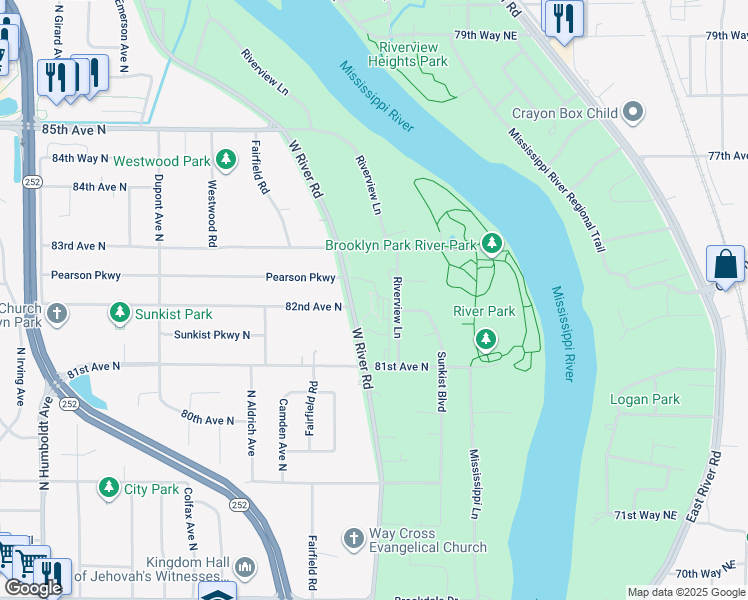 map of restaurants, bars, coffee shops, grocery stores, and more near 8150 West River Road in Minneapolis