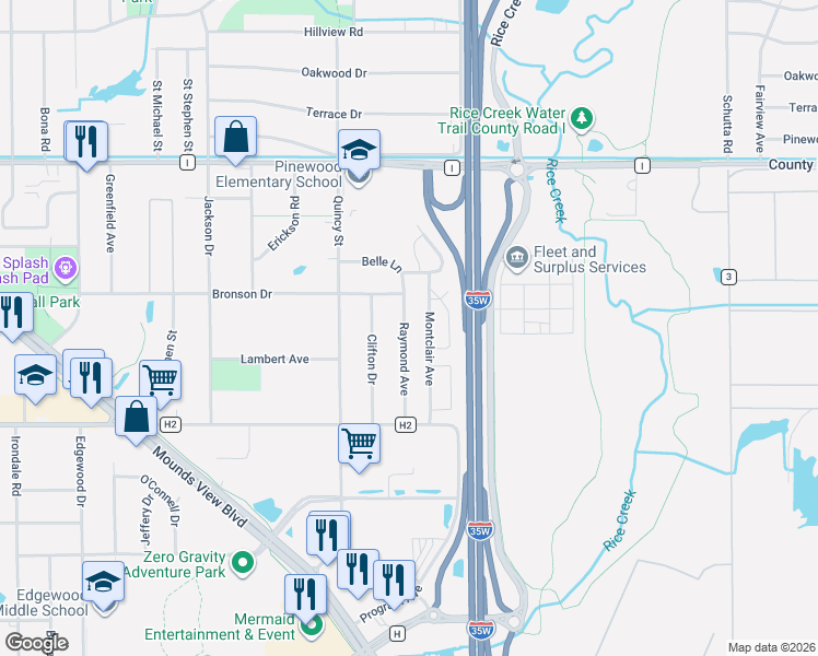 map of restaurants, bars, coffee shops, grocery stores, and more near 1037 Montclair Avenue in Mounds View