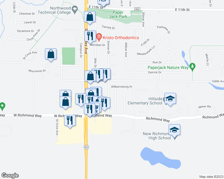 map of restaurants, bars, coffee shops, grocery stores, and more near 1539 Gunston Drive in New Richmond