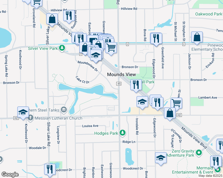map of restaurants, bars, coffee shops, grocery stores, and more near 2550 Moundsview Drive in Mounds View