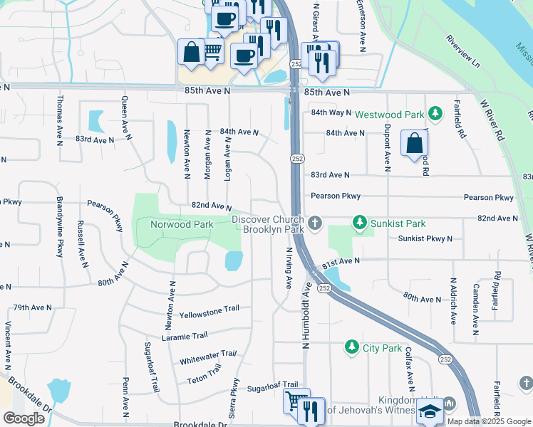 map of restaurants, bars, coffee shops, grocery stores, and more near 8186 James Avenue North in Minneapolis