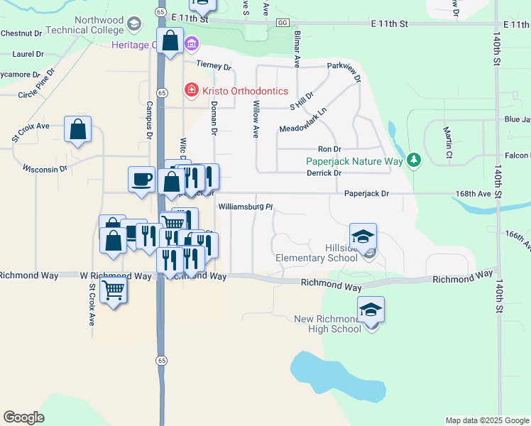 map of restaurants, bars, coffee shops, grocery stores, and more near 1537 Crestmoor Drive in New Richmond