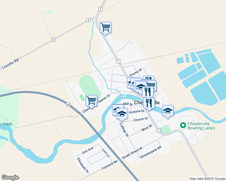 map of restaurants, bars, coffee shops, grocery stores, and more near 65 Queen Street in Chesterville