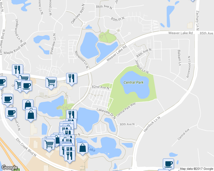 map of restaurants, bars, coffee shops, grocery stores, and more near 12250 82nd Avenue North in Maple Grove