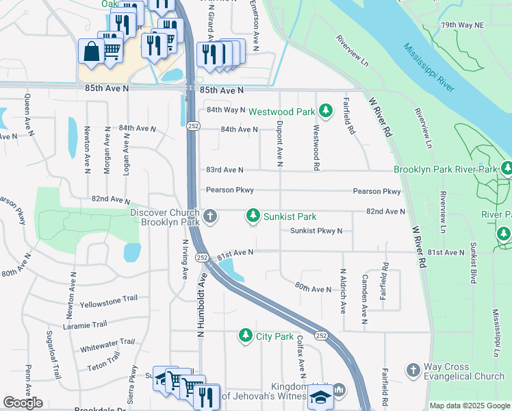 map of restaurants, bars, coffee shops, grocery stores, and more near 1200 82nd Avenue North in Minneapolis