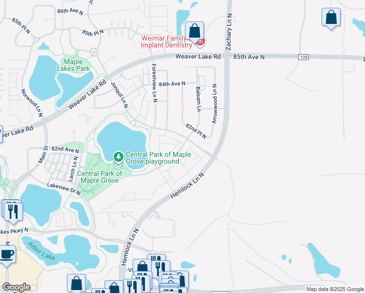 map of restaurants, bars, coffee shops, grocery stores, and more near 8168 Central Park Way in Maple Grove